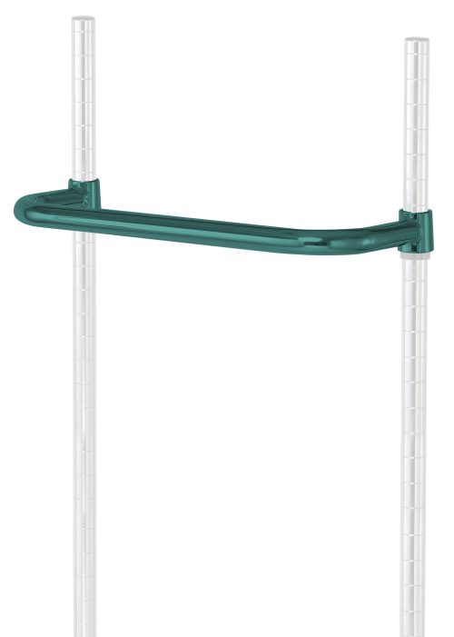 A Quantum Push Handle, with an 18W span and green epoxy antimicrobial finish, is mounted on two transparent rods. The design offers multiple height adjustments marked on the rods, and its curved form efficiently supports shelves.