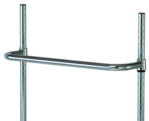 The Quantum Push Handle, 21W with a chrome-plated finish, spans horizontally between vertical posts in a modular shelving system. It is adjustable along the notched posts and has a shiny, reflective surface.