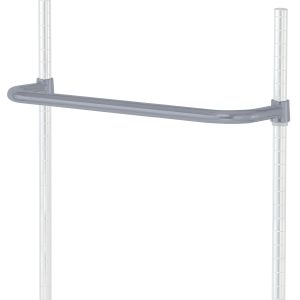 The Quantum Push Handle, 24W with a gray epoxy antimicrobial finish, is attached to two vertical metal poles with grid markings. Slightly curved for support or balance, it stands out against a pristine white background.