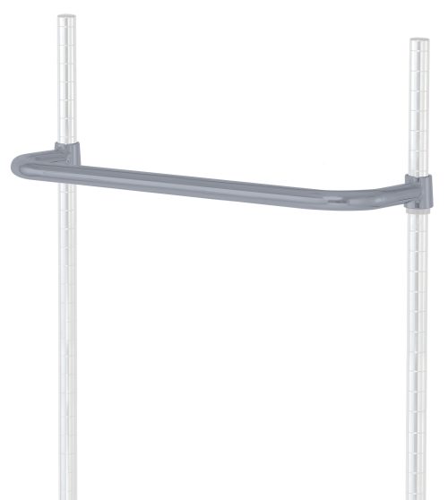 The Quantum Push Handle, 24W with a gray epoxy antimicrobial finish, is attached to two vertical metal poles with grid markings. Slightly curved for support or balance, it stands out against a pristine white background.