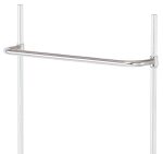 The Quantum Push Handle, 30W, in a chrome-plated finish, elegantly attaches to vertical poles with a sleek handle. Its curved design extends horizontally for ample hanging space on a modern plain white background.