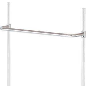 The Quantum Push Handle, 30W, in a chrome-plated finish, elegantly attaches to vertical poles with a sleek handle. Its curved design extends horizontally for ample hanging space on a modern plain white background.