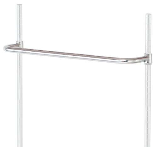 The Quantum Push Handle, 30W, in a chrome-plated finish, elegantly attaches to vertical poles with a sleek handle. Its curved design extends horizontally for ample hanging space on a modern plain white background.