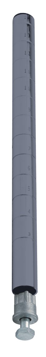 The Quantum Post With Leveling Legs stands 14 tall, featuring numbered grooves at 1 increments. It includes a W-PLI and W-PLB, has a smooth cylindrical top, a textured rounded bottom with a flat base, and boasts a gray epoxy antimicrobial finish. Perfect for precise leveling needs.