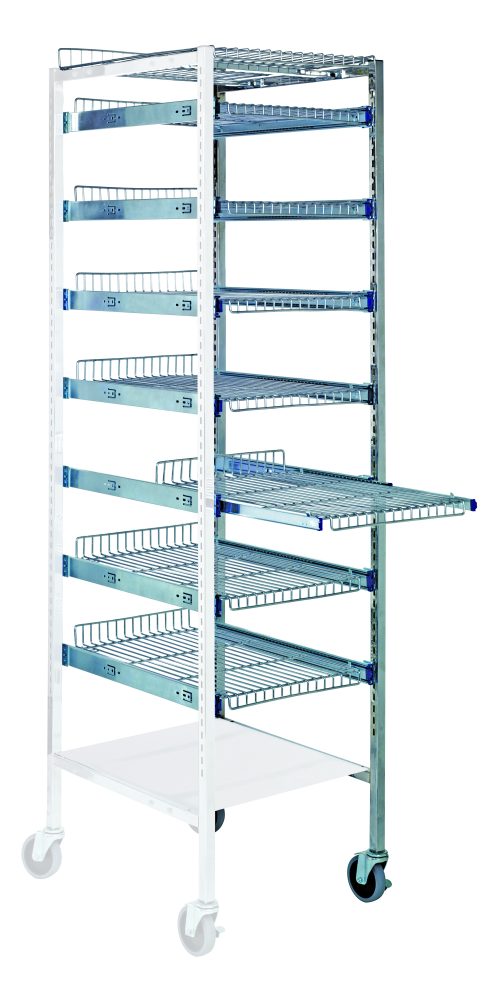 The Quantum Partition Store Pull Out Basket Cart Add-On Unit features a chrome-plated frame on wheels with eight wire shelves. It includes pull-out drawer functionality, a bottom dust cover, cross bars for stability, and (2) 4 casters, (1) with brake, designed for organized storage.
