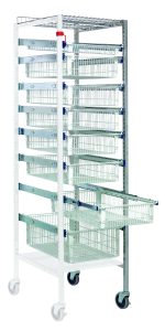 The Quantum Partition Store Pull Out Basket Cart Add-On Unit features a chrome-plated frame with full extension slides and wire baskets. It includes a bottom dust cover, four cross bars, two 4 casters (one with brake), and ensures stability and security with its design.
