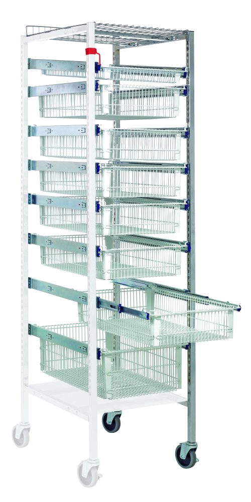 The Quantum Partition Store Pull Out Basket Cart Add-On Unit features a chrome-plated frame with full extension slides and wire baskets. It includes a bottom dust cover, four cross bars, two 4 casters (one with brake), and ensures stability and security with its design.
