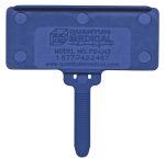 The Quantum Hanging Label Tag is a blue plastic medical device with a handle, QUANTUM MEDICAL MODEL NO. PS-LH3, and a phone number. It features a cube graphic with a heartbeat line and fits 1-3/8 x 3 adhesive labels. Available in packs of 25.