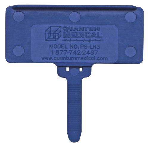 The Quantum Hanging Label Tag is a blue plastic medical device with a handle, QUANTUM MEDICAL MODEL NO. PS-LH3, and a phone number. It features a cube graphic with a heartbeat line and fits 1-3/8 x 3 adhesive labels. Available in packs of 25.