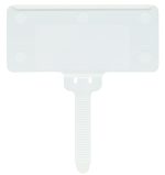 The Quantum Hanging Label Tag is designed for 1-3/8 x 3 adhesive labels, is translucent, and comes in a pack of 25. It features a rectangular top with rounded corners, circular indentations at the corners, a grooved handle, and faintly embossed text.