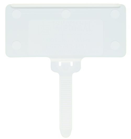 The Quantum Hanging Label Tag is designed for 1-3/8 x 3 adhesive labels, is translucent, and comes in a pack of 25. It features a rectangular top with rounded corners, circular indentations at the corners, a grooved handle, and faintly embossed text.