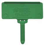 The Quantum Hanging Label Tag fits 1-3/8 x 3 adhesive labels and comes in a pack of 25. This product, featuring a rectangular top and textured handle, is green in color and includes contact details like a phone number and website URL for easy reference.