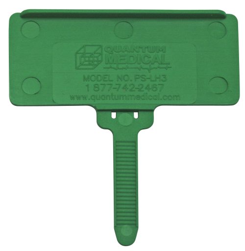 Tags The Quantum Hanging Label Tag fits 1-3/8 x 3 adhesive labels and comes in a pack of 25. This product, featuring a rectangular top and textured handle, is green in color and includes contact details like a phone number and website URL for easy reference.