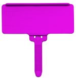 The Quantum Hanging Label Tag features a bright pink rectangular board with a textured handle, fitting 1-3/8 x 3 adhesive labels. Sold in packs of 25, these tags offer a blank surface for customizable messages, with the white background enhancing their vivid color.