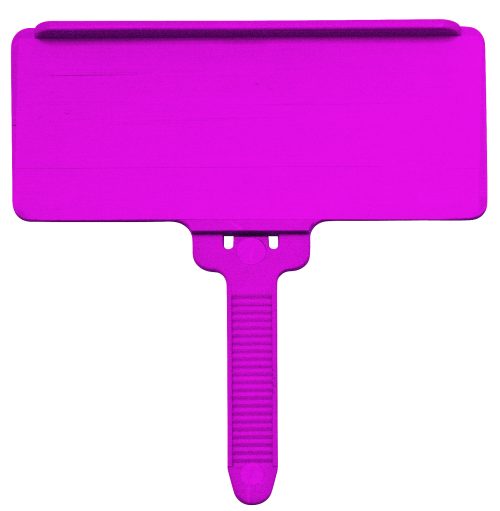 The Quantum Hanging Label Tag features a bright pink rectangular board with a textured handle, fitting 1-3/8 x 3 adhesive labels. Sold in packs of 25, these tags offer a blank surface for customizable messages, with the white background enhancing their vivid color.