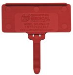 The Quantum Hanging Label Tag in vibrant red (model PS-LH3) fits a 1-3/8 x 3 adhesive label and features a rectangular shape with a convenient tab. Contact at 1-877-742-2467 or visit www.quantummedical.com.