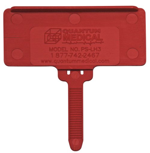The Quantum Hanging Label Tag in vibrant red (model PS-LH3) fits a 1-3/8 x 3 adhesive label and features a rectangular shape with a convenient tab. Contact at 1-877-742-2467 or visit www.quantummedical.com.