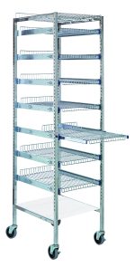 The Quantum Partition Store Starter Unit features 7 adjustable wire shelves on slides, a bottom dust cover, and 25 hanging label tags. Measuring 19-1/2L x 24D x 75H with a chrome-plated finish, it offers organized storage and mobility.