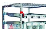 The Quantum Partition Store features a metal shelving unit with multiple wire baskets and shelves, a red safety stop on the left side for enhanced stability, and white labels on the baskets, making it perfect for efficient organization.
