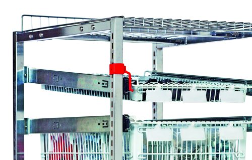 The Quantum Partition Store features a metal shelving unit with multiple wire baskets and shelves, a red safety stop on the left side for enhanced stability, and white labels on the baskets, making it perfect for efficient organization.