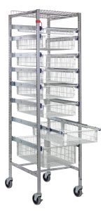 The Quantum Partition Store Starter Unit features a 19-1/2L x 24D x 75H metal frame with wheels and vertically adjustable wire baskets, including (1) 3, (6) 5, and (1) 8 basket. It comes with a safety top, bottom dust cover, chrome finish, and (25) hanging label tags for versatile storage.