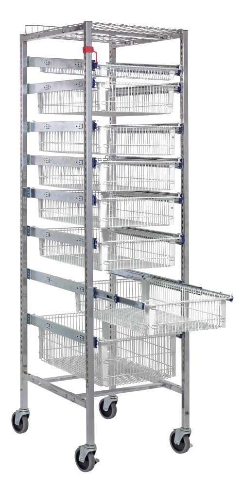 The Quantum Partition Store Starter Unit features a 19-1/2L x 24D x 75H metal frame with wheels and vertically adjustable wire baskets, including (1) 3, (6) 5, and (1) 8 basket. It comes with a safety top, bottom dust cover, chrome finish, and (25) hanging label tags for versatile storage.