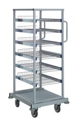 The Quantum Partition Store Single Bay Cart in a chrome finish is a sleek utility cart, measuring 25W x 29-1/2D x 58-1/2H. It includes six adjustable wire shelves and 25 hanging label tags for effortless organization and easy mobility.