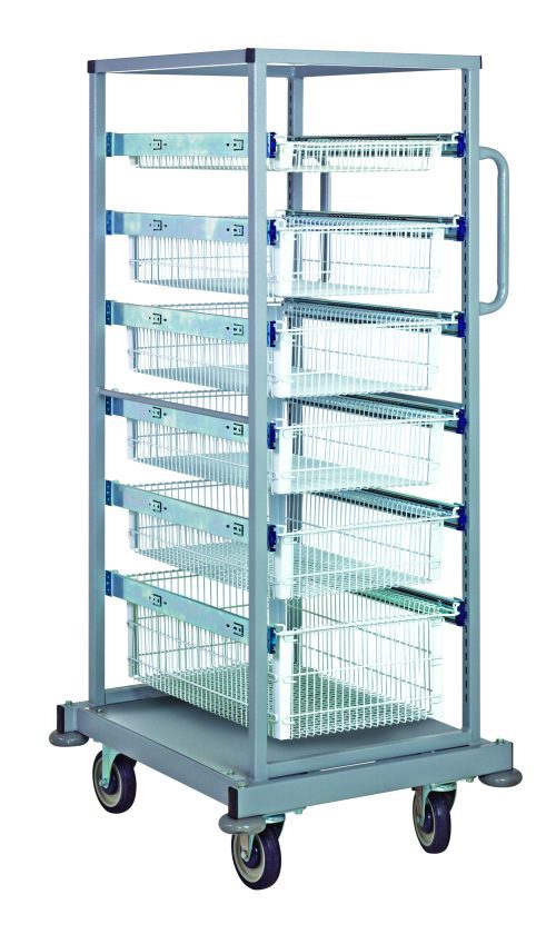 The Quantum Partition Store Single Bay Cart features a white finish and includes (1) 3, (4) 5, and (1) 8 wire baskets. Equipped with a sturdy frame, handle, large caster wheels for easy mobility, and (25) hanging label tags for organized item transport. Dimensions: 25W x 29-1/2D x 58-1/2H.