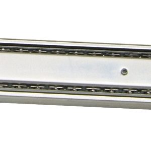The Quantum Partition Store Slide Extension Pair is a metal drawer slide with a ball-bearing mechanism for side installation, ensuring smooth operation. It features long, narrow metallic rails and small mounting brackets.