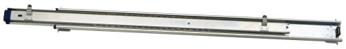 The Quantum Partition Store Slide Extension Pair is a metal drawer slide with a ball-bearing mechanism for side installation, ensuring smooth operation. It features long, narrow metallic rails and small mounting brackets.