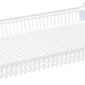 The Quantum Partition Store 14W x 22D x 3H Wire Basket features raised edges, corner hooks, and a grid pattern for ventilation and visibility, making it perfect for organizing or storing items.