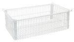 The Quantum Partition Store wire basket, 14W x 22D x 8H, is shown against a plain background. This white metal basket, featuring side handles and a grid pattern, is perfect for organizing items.