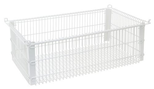 PS-WB22148.jpg The Quantum Partition Store wire basket, 14W x 22D x 8H, is shown against a plain background. This white metal basket, featuring side handles and a grid pattern, is perfect for organizing items.