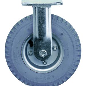 Close-up of the Quantum Rigid Pneumatic Caster, 8 x 2-1/2, featuring a grey rubber tire with grooved treads and a metal swivel bracket. The durable caster has a visible metal mounting plate for demanding applications.