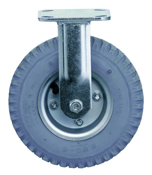 Close-up of the Quantum Rigid Pneumatic Caster, 8 x 2-1/2, featuring a grey rubber tire with grooved treads and a metal swivel bracket. The durable caster has a visible metal mounting plate for demanding applications.