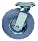 A close-up image shows the Quantum Swivel Pneumatic Caster, 8 x 2-1/2, featuring a heavy-duty metal bracket and a rubber tire with textured tread for mounting on equipment or furniture to enhance mobility.