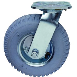 A close-up image shows the Quantum Swivel Pneumatic Caster, 8 x 2-1/2, featuring a heavy-duty metal bracket and a rubber tire with textured tread for mounting on equipment or furniture to enhance mobility.