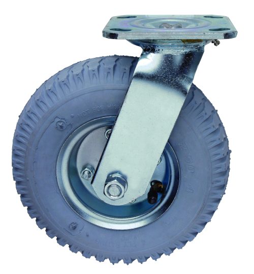 A close-up image shows the Quantum Swivel Pneumatic Caster, 8 x 2-1/2, featuring a heavy-duty metal bracket and a rubber tire with textured tread for mounting on equipment or furniture to enhance mobility.