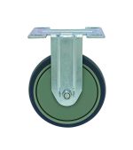 The Quantum Rigid Thermoplastic Resin Caster, 5 x 1-1/4, features a metal swivel wheel with a rubber outer rim and a top mounting plate. Its smooth surface suits various floorings, and pre-drilled holes allow for easy installation.