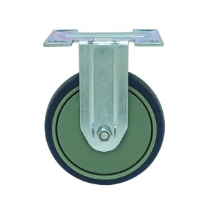 The Quantum Rigid Thermoplastic Resin Caster, 5 x 1-1/4, features a metal swivel wheel with a rubber outer rim and a top mounting plate. Its smooth surface suits various floorings, and pre-drilled holes allow for easy installation.
