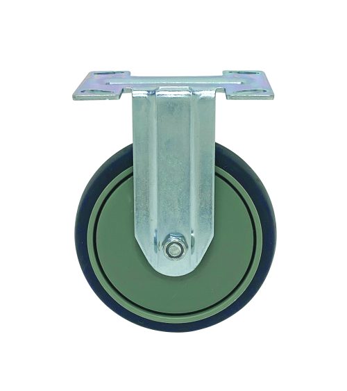 The Quantum Rigid Thermoplastic Resin Caster, 5 x 1-1/4, features a metal swivel wheel with a rubber outer rim and a top mounting plate. Its smooth surface suits various floorings, and pre-drilled holes allow for easy installation.