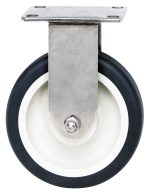 The Quantum Rigid Polyurethane Caster, 5 x 1-1/4, with a gray metal swivel, black rubber outer wheel, and white inner core sits on a metal bracket against a white background.