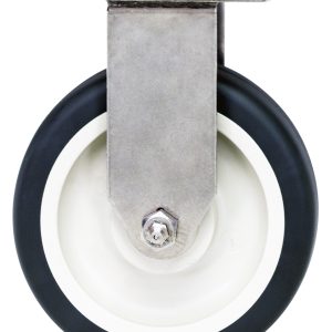 The Quantum Rigid Polyurethane Caster, 5 x 1-1/4, with a gray metal swivel, black rubber outer wheel, and white inner core sits on a metal bracket against a white background.