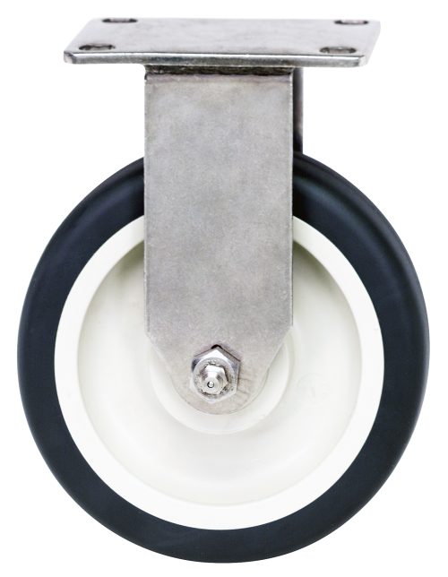 The Quantum Rigid Polyurethane Caster, 5 x 1-1/4, with a gray metal swivel, black rubber outer wheel, and white inner core sits on a metal bracket against a white background.