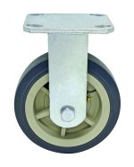 The Quantum Rigid Polyurethane Caster, 6 x 2, features a heavy-duty swivel wheel with a black rubber edge, beige plastic center, and central metal axle bolt. Its metal bracket includes multiple holes for versatile mounting applications.