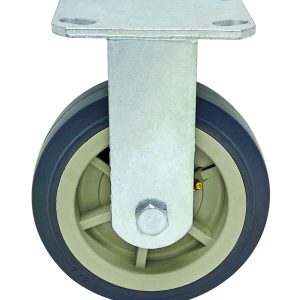 The Quantum Rigid Polyurethane Caster, 6 x 2, features a heavy-duty swivel wheel with a black rubber edge, beige plastic center, and central metal axle bolt. Its metal bracket includes multiple holes for versatile mounting applications.