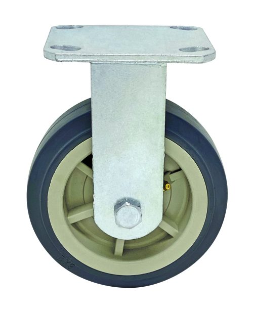 The Quantum Rigid Polyurethane Caster, 6 x 2, features a heavy-duty swivel wheel with a black rubber edge, beige plastic center, and central metal axle bolt. Its metal bracket includes multiple holes for versatile mounting applications.