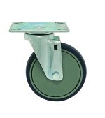 The Quantum Swivel Thermoplastic Resin Caster, 5 x 1-1/4, with a green wheel and sturdy mounting plate, ensures smooth rotation for easy indoor movement of furniture or equipment, crafted for optimal performance and durability.