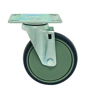 The Quantum Swivel Thermoplastic Resin Caster, 5 x 1-1/4, with a green wheel and sturdy mounting plate, ensures smooth rotation for easy indoor movement of furniture or equipment, crafted for optimal performance and durability.