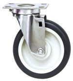 The close-up image shows a Quantum Swivel Polyurethane Stainless Steel Caster, 5 x 1-1/4, featuring a metal bracket for mounting and a black rubber tire with a white rim. It ensures mobility, all set against a plain white background.